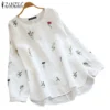 Women Embroidery Vintage O Neck Casual Long Sleeve Cotton Blouse