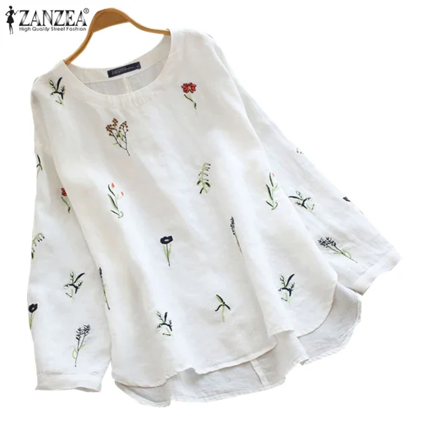 Women Embroidery Vintage O Neck Casual Long Sleeve Cotton Blouse