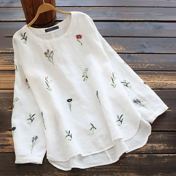 Women Embroidery Vintage O Neck Casual Long Sleeve Cotton Blouse