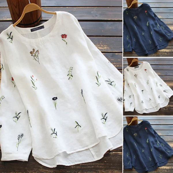 Women Embroidery Vintage O Neck Casual Long Sleeve Cotton Blouse