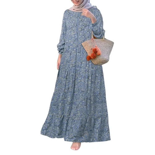 Women Casual Long Sleeve Front Button Printed Tiered Muslim Long Dress