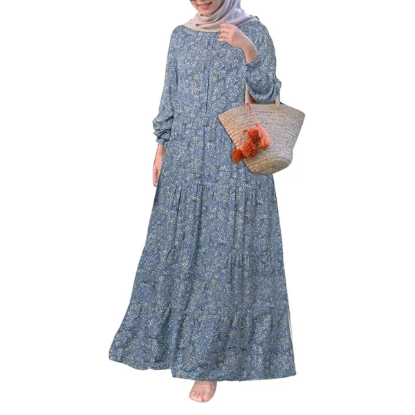 Women Casual Long Sleeve Front Button Printed Tiered Muslim Long Dress