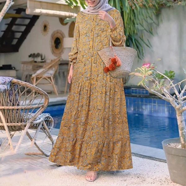 Women Casual Long Sleeve Front Button Printed Tiered Muslim Long Dress