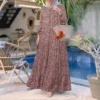 Women Casual Long Sleeve Front Button Printed Tiered Muslim Long Dress