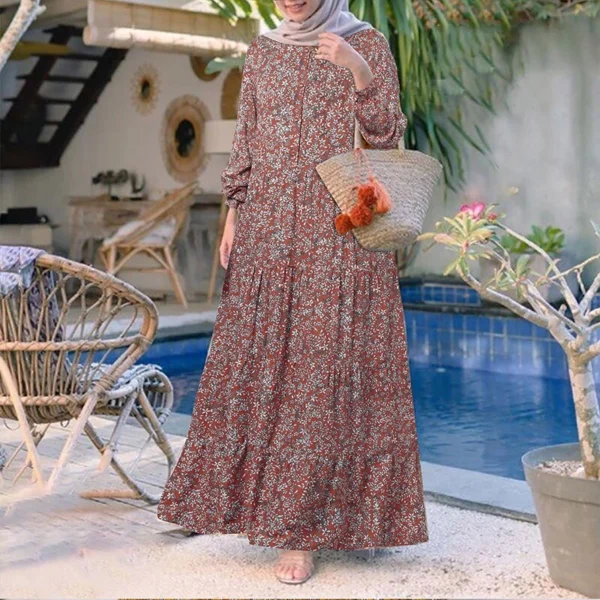 Women Casual Long Sleeve Front Button Printed Tiered Muslim Long Dress