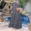 Women Casual Long Sleeve Front Button Printed Tiered Muslim Long Dress