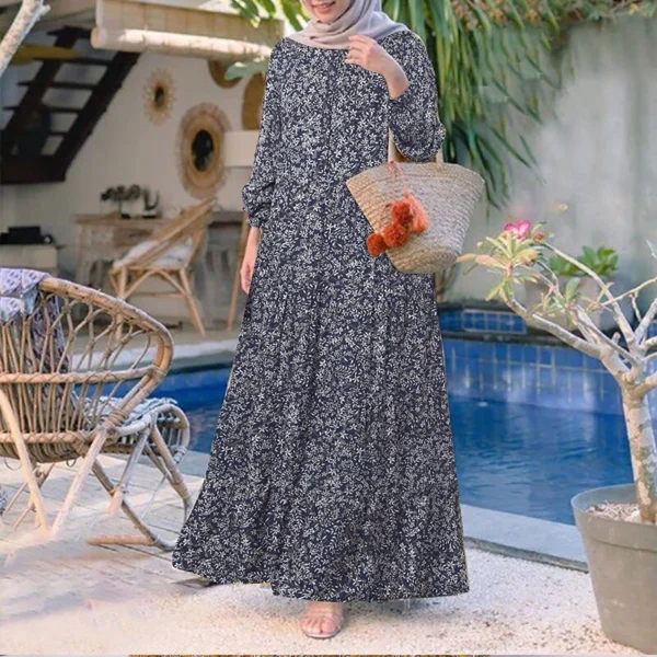 Women Casual Long Sleeve Front Button Printed Tiered Muslim Long Dress