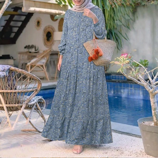Women Casual Long Sleeve Front Button Printed Tiered Muslim Long Dress