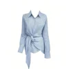 Korean Style Waist Controlled Lace up Loose Striped Shirt Women Unique Elegant Long Sleeve Shirt Blouse Women