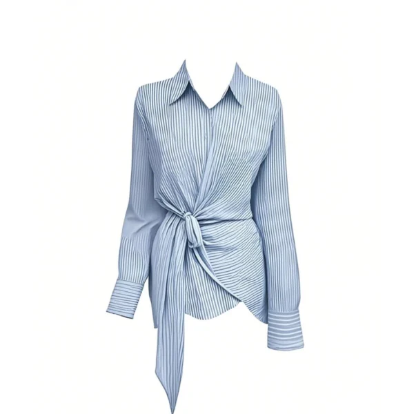 Korean Style Waist Controlled Lace up Loose Striped Shirt Women Unique Elegant Long Sleeve Shirt Blouse Women