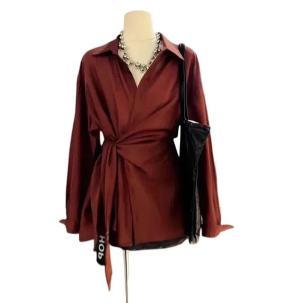 Korean Style Waist Controlled Lace up Loose Striped Shirt Women Unique Elegant Long Sleeve Shirt Blouse Women