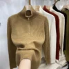 Knit Sweater Loose Sleeve Zipper Basic Korean Fashion Women Ladies Versatile Plain Color Long Sleeve Collar Knitwear Blouse