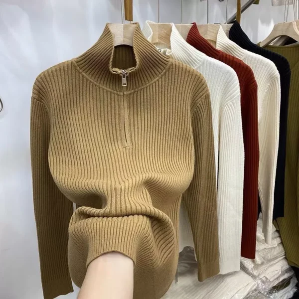 Knit Sweater Loose Sleeve Zipper Basic Korean Fashion Women Ladies Versatile Plain Color Long Sleeve Collar Knitwear Blouse