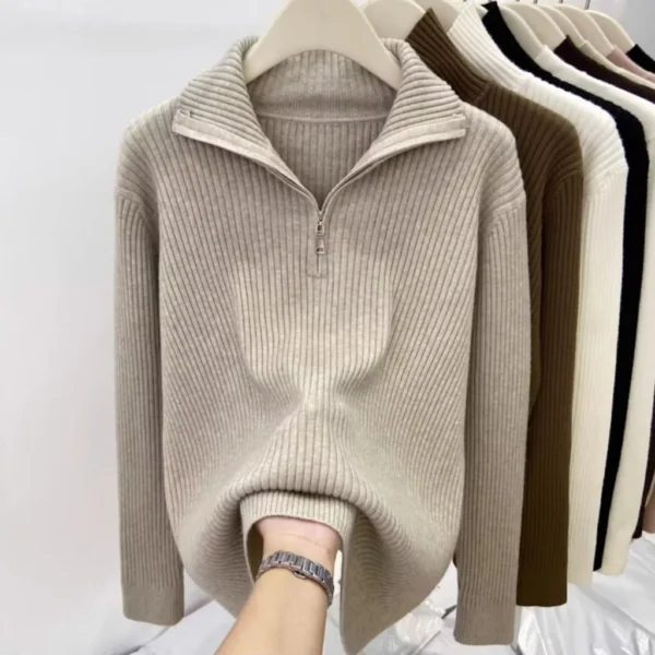 Knit Sweater Loose Sleeve Zipper Basic Korean Fashion Women Ladies Versatile Plain Color Long Sleeve Collar Knitwear Blouse