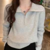 Knit Sweater Loose Sleeve Zipper Basic Korean Fashion Women Ladies Versatile Plain Color Long Sleeve Collar Knitwear Blouse