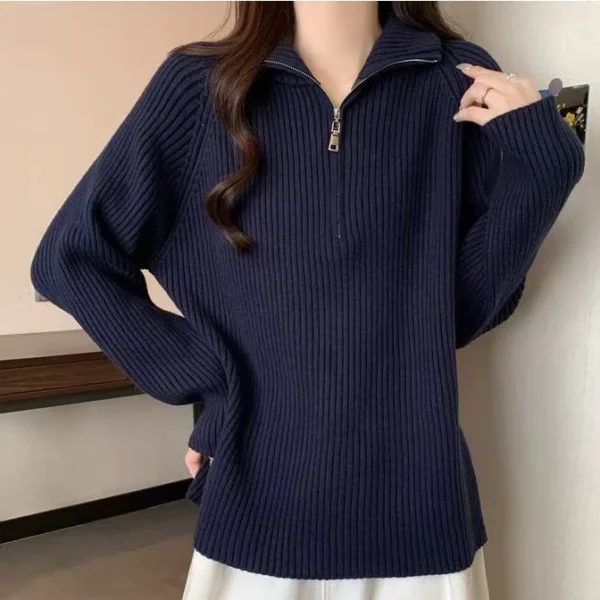 Knit Sweater Loose Sleeve Zipper Basic Korean Fashion Women Ladies Versatile Plain Color Long Sleeve Collar Knitwear Blouse