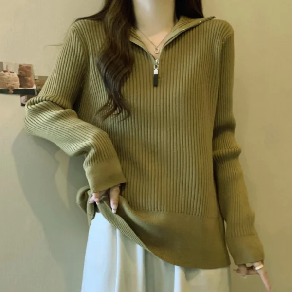 Knit Sweater Loose Sleeve Zipper Basic Korean Fashion Women Ladies Versatile Plain Color Long Sleeve Collar Knitwear Blouse