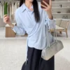 Korean Style Waist Controlled Lace up Loose Striped Shirt Women Unique Elegant Long Sleeve Shirt Blouse Women