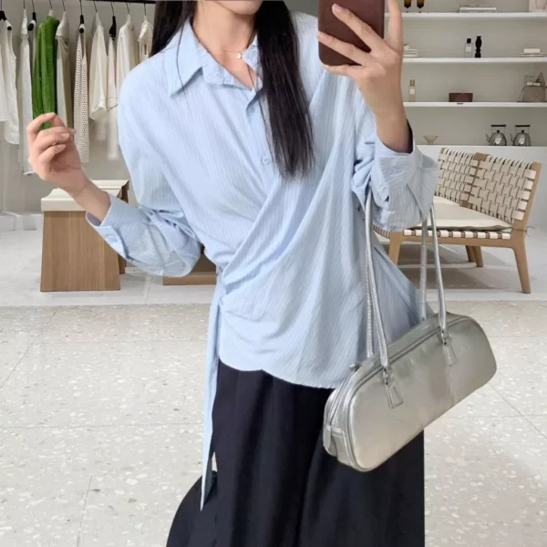 Korean Style Waist Controlled Lace up Loose Striped Shirt Women Unique Elegant Long Sleeve Shirt Blouse Women