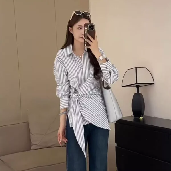 Korean Style Waist Controlled Lace up Loose Striped Shirt Women Unique Elegant Long Sleeve Shirt Blouse Women