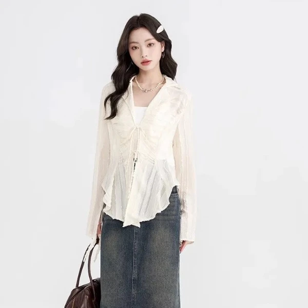 Blouse Women Korean Elegant Long Sleeve Blouse With Ruffles Women Shirt