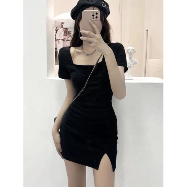 Bodycon sexy mini dress square neck dress women short sleeve dress women s dress women s korean style realpict