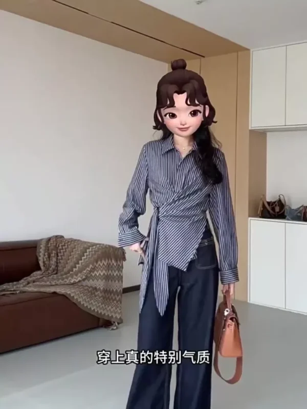 Korean Style Waist Controlled Lace up Loose Striped Shirt Women Unique Elegant Long Sleeve Shirt Blouse Women