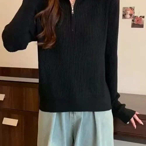Knit Sweater Loose Sleeve Zipper Basic Korean Fashion Women Ladies Versatile Plain Color Long Sleeve Collar Knitwear Blouse