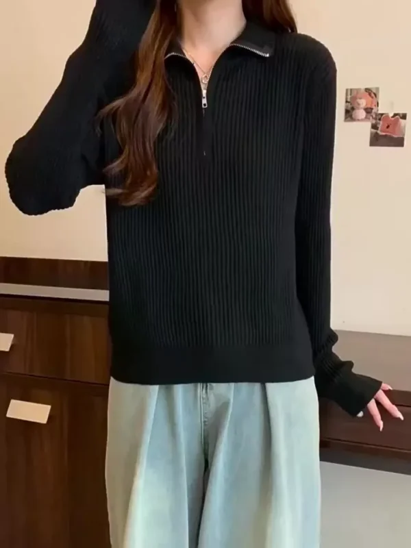 Knit Sweater Loose Sleeve Zipper Basic Korean Fashion Women Ladies Versatile Plain Color Long Sleeve Collar Knitwear Blouse