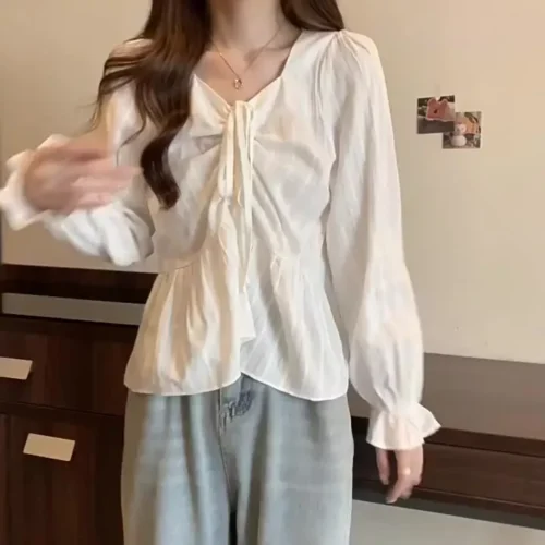 Blouse Women Korean Elegant Long Sleeve Blouse With Ruffles Women Shirt
