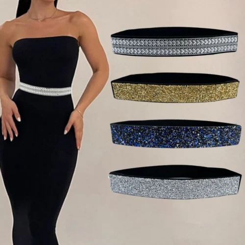 KL READY STOCK Women Bling Rhinestone Encrusted full Diamond elastic waistband Versatile Evening Dress Crystal Belt