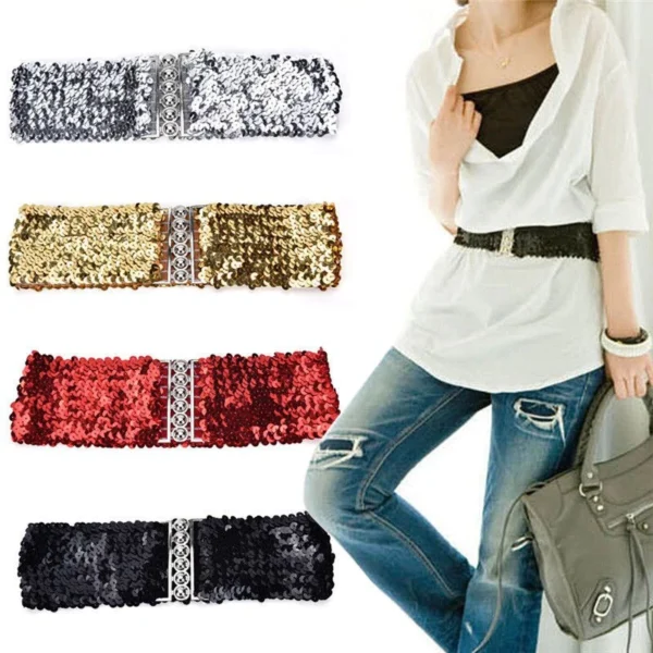 Bling Womens Rivet Sequins Elastic Stretch Wide Waist Belt Waistband Casual Well Ladies Belt Fashion