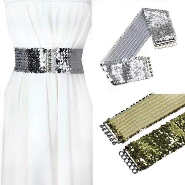 Bling Womens Rivet Sequins Elastic Stretch Wide Waist Belt Waistband Casual Well Ladies Belt Fashion