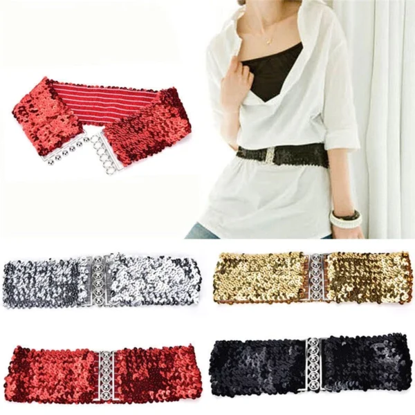 Bling Womens Rivet Sequins Elastic Stretch Wide Waist Belt Waistband Casual Well Ladies Belt Fashion