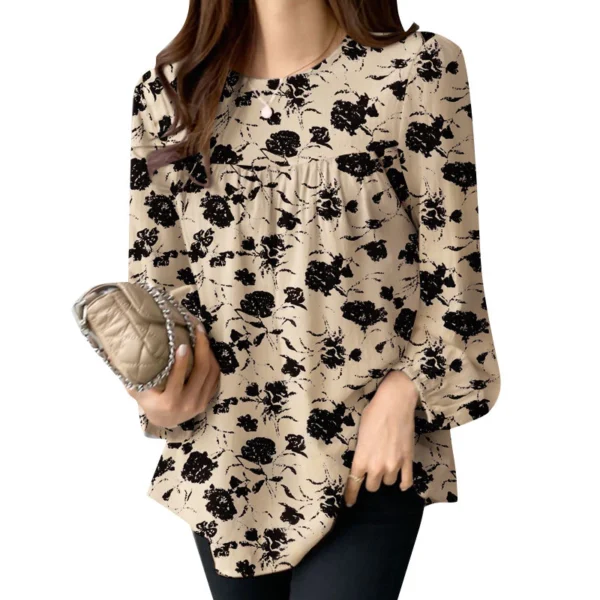 Women Korean Fashion Long Sleeve O Neck Pleated Printed Blouse