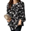 Women Korean Fashion Long Sleeve O Neck Pleated Printed Blouse