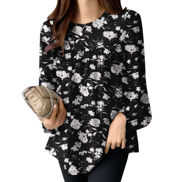 Women Korean Fashion Long Sleeve O Neck Pleated Printed Blouse