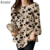 Women Korean Fashion Long Sleeve O Neck Pleated Printed Blouse