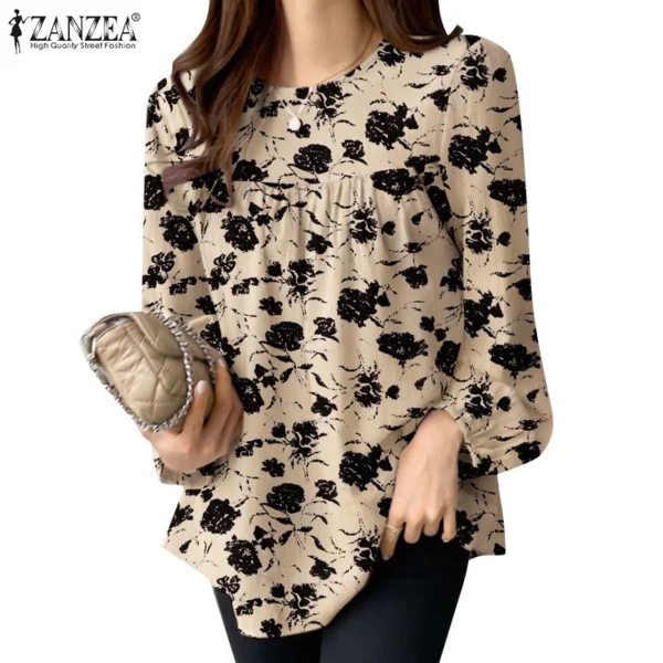 Women Korean Fashion Long Sleeve O Neck Pleated Printed Blouse