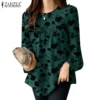 Women Korean Fashion Long Sleeve O Neck Pleated Printed Blouse