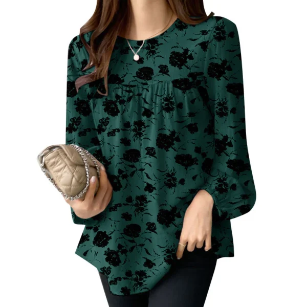 Women Korean Fashion Long Sleeve O Neck Pleated Printed Blouse