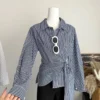 Korean Style Waist Controlled Lace up Loose Striped Shirt Women Unique Elegant Long Sleeve Shirt Blouse Women