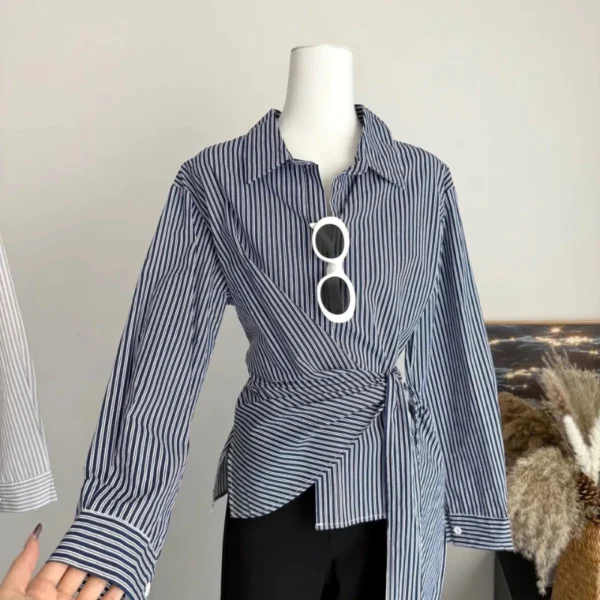 Korean Style Waist Controlled Lace up Loose Striped Shirt Women Unique Elegant Long Sleeve Shirt Blouse Women