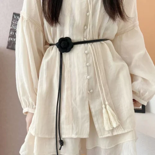 New Camellia Flower Leather Rope Thin Belt Women s Dress Is Decorated Versatile and Soft Knotted Waist Rope