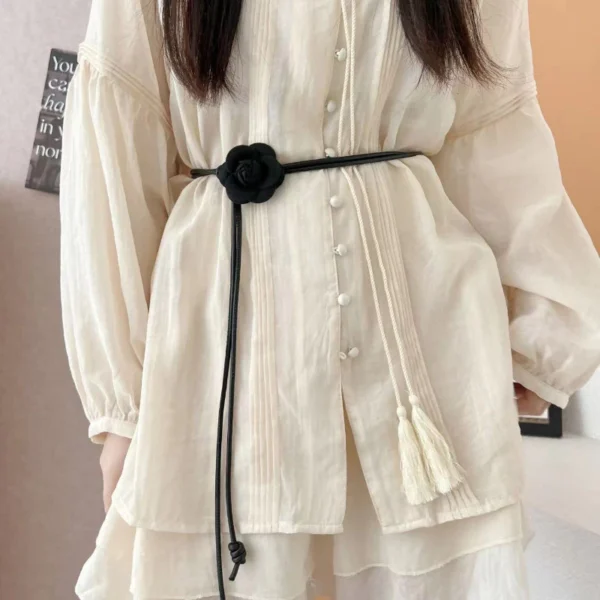 New Camellia Flower Leather Rope Thin Belt Women s Dress Is Decorated Versatile and Soft Knotted Waist Rope