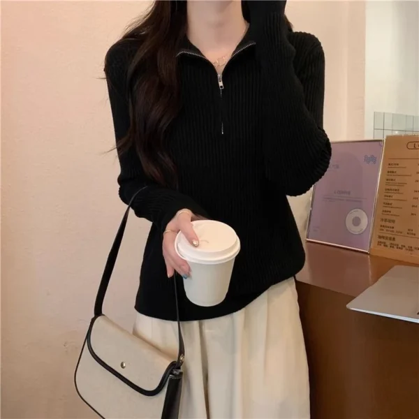 Knit Sweater Loose Sleeve Zipper Basic Korean Fashion Women Ladies Versatile Plain Color Long Sleeve Collar Knitwear Blouse
