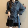 Korean Style Waist Controlled Lace up Loose Striped Shirt Women Unique Elegant Long Sleeve Shirt Blouse Women