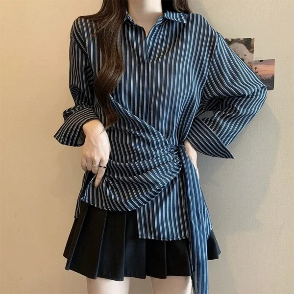 Korean Style Waist Controlled Lace up Loose Striped Shirt Women Unique Elegant Long Sleeve Shirt Blouse Women