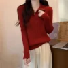 Knit Sweater Loose Sleeve Zipper Basic Korean Fashion Women Ladies Versatile Plain Color Long Sleeve Collar Knitwear Blouse
