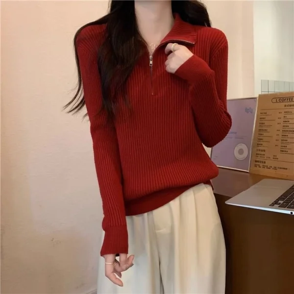 Knit Sweater Loose Sleeve Zipper Basic Korean Fashion Women Ladies Versatile Plain Color Long Sleeve Collar Knitwear Blouse
